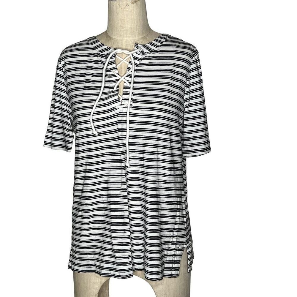 LOFT 100% Cotton Striped Lace Up T- Shirt - Size M